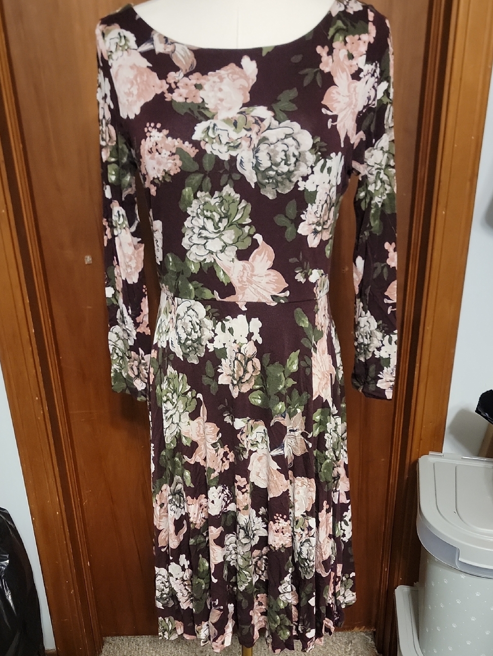 Floral Long-Sleeve Midi Dress in Plum and Pink